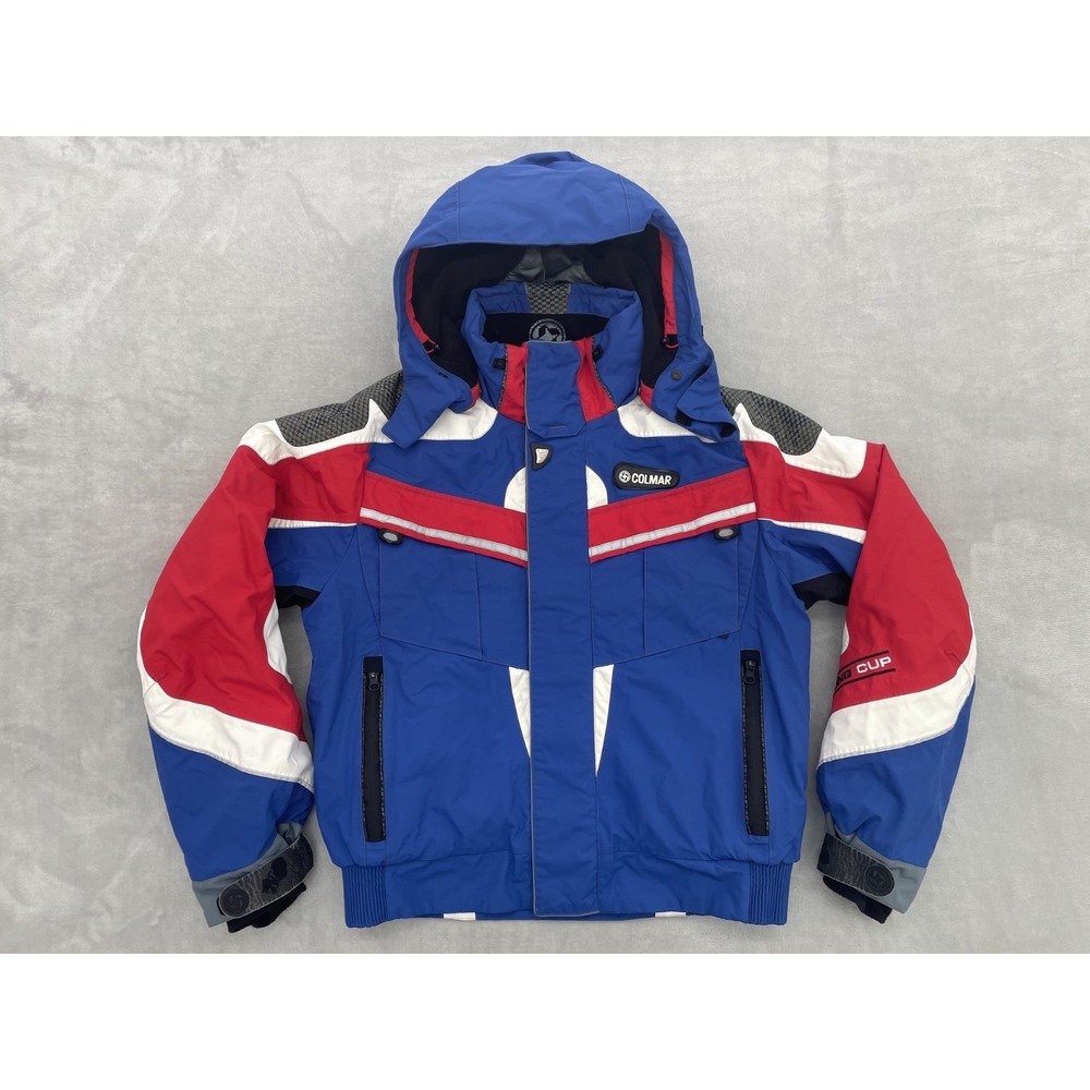 Colmar Vintage Ski Jacket Mens 50 Medium Blue Red White Hooded Carving Cup